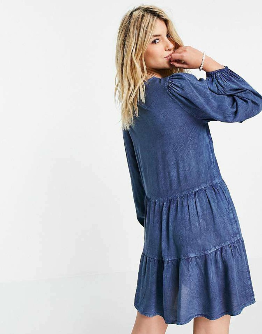 Dresses * | Wednesday'S Girl Mini Smock Dress With Tiered Skirt In Denim For Women Indigo Denim