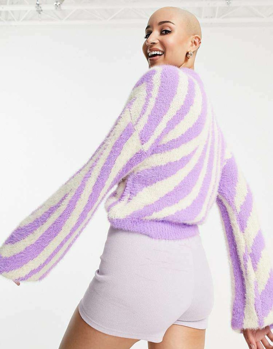 Knitwear & Sweats * | Wednesday'S Girl Relaxed Jumper With Balloon Sleeves In Zebra Knit For Women Purple Zebra