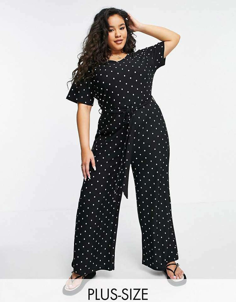 All In Ones * | Wednesday'S Girl Curve Relaxed Belted Jumpsuit With Wide Leg In Polka Dot For Women Black White Polka