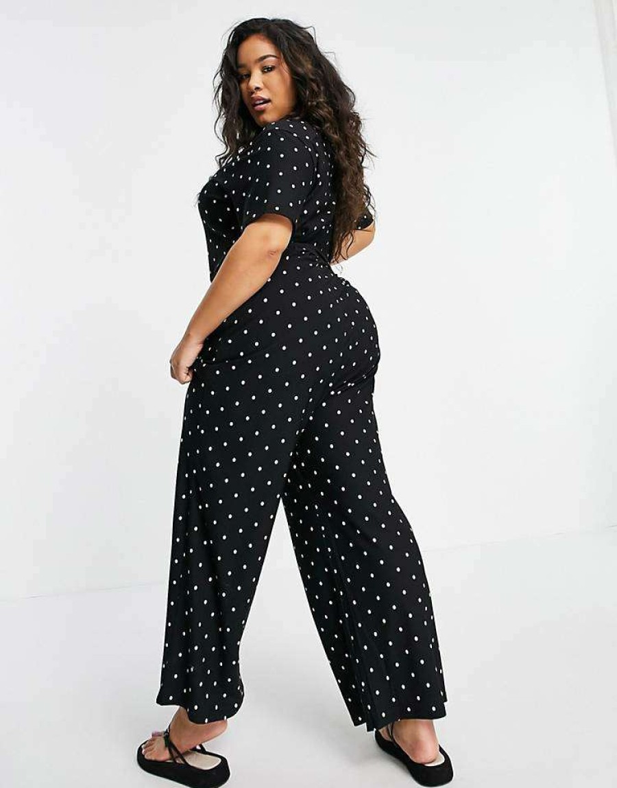 All In Ones * | Wednesday'S Girl Curve Relaxed Belted Jumpsuit With Wide Leg In Polka Dot For Women Black White Polka