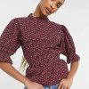 Tops * | Wednesday'S Girl Blouse With Shirred Sleeves In Ditsy Rose Print For Women Black Rose Floral