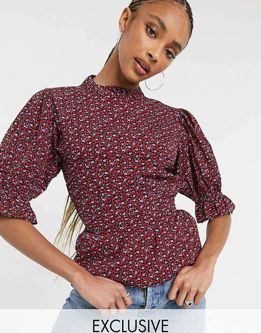 Tops * | Wednesday'S Girl Blouse With Shirred Sleeves In Ditsy Rose Print For Women Black Rose Floral