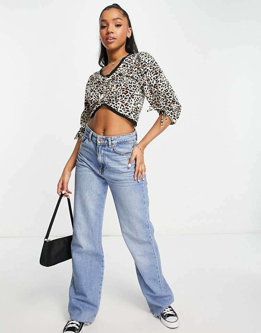 Tops * | Wednesday'S Girl Crop Puff Sleeve Blouse In With Lace Trim For Women Leopard