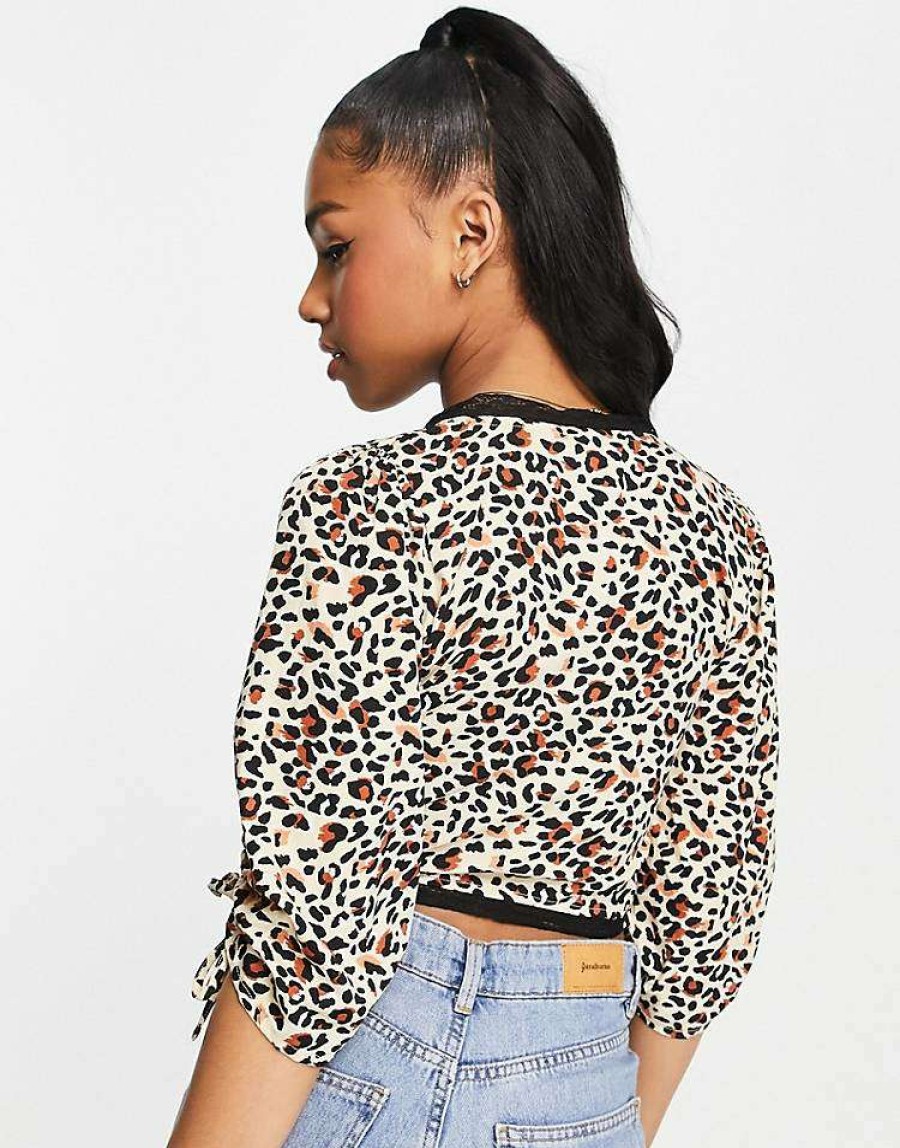 Tops * | Wednesday'S Girl Crop Puff Sleeve Blouse In With Lace Trim For Women Leopard