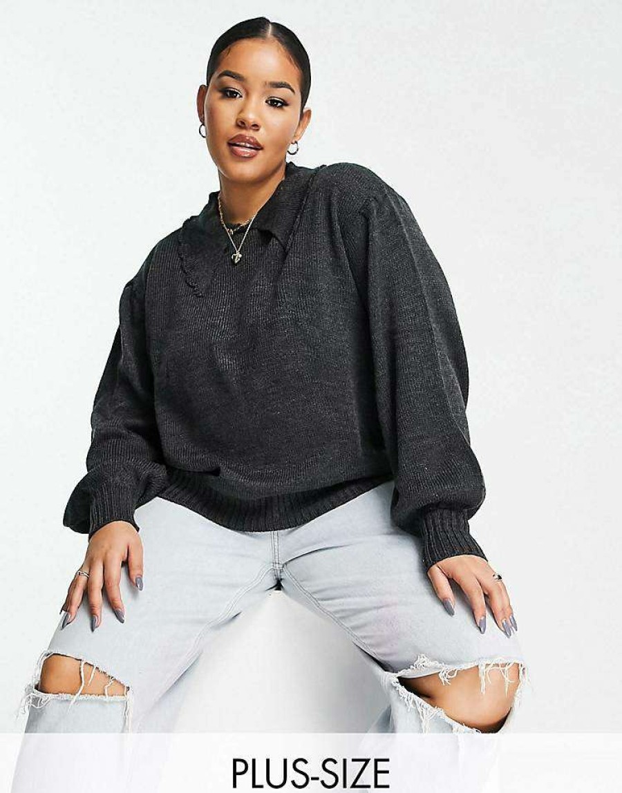 Knitwear & Sweats * | Wednesday'S Girl Curve Jumper With Balloon Sleeves And Collar For Women Grey