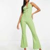 All In Ones * | Wednesday'S Girl Halter Neck Wide Leg Jumpsuit With Ring Detail In Green Wavy Print For Women Green Wave