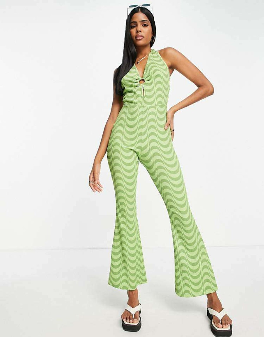 All In Ones * | Wednesday'S Girl Halter Neck Wide Leg Jumpsuit With Ring Detail In Green Wavy Print For Women Green Wave