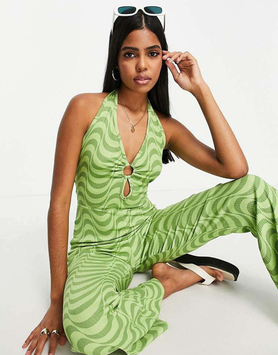 All In Ones * | Wednesday'S Girl Halter Neck Wide Leg Jumpsuit With Ring Detail In Green Wavy Print For Women Green Wave