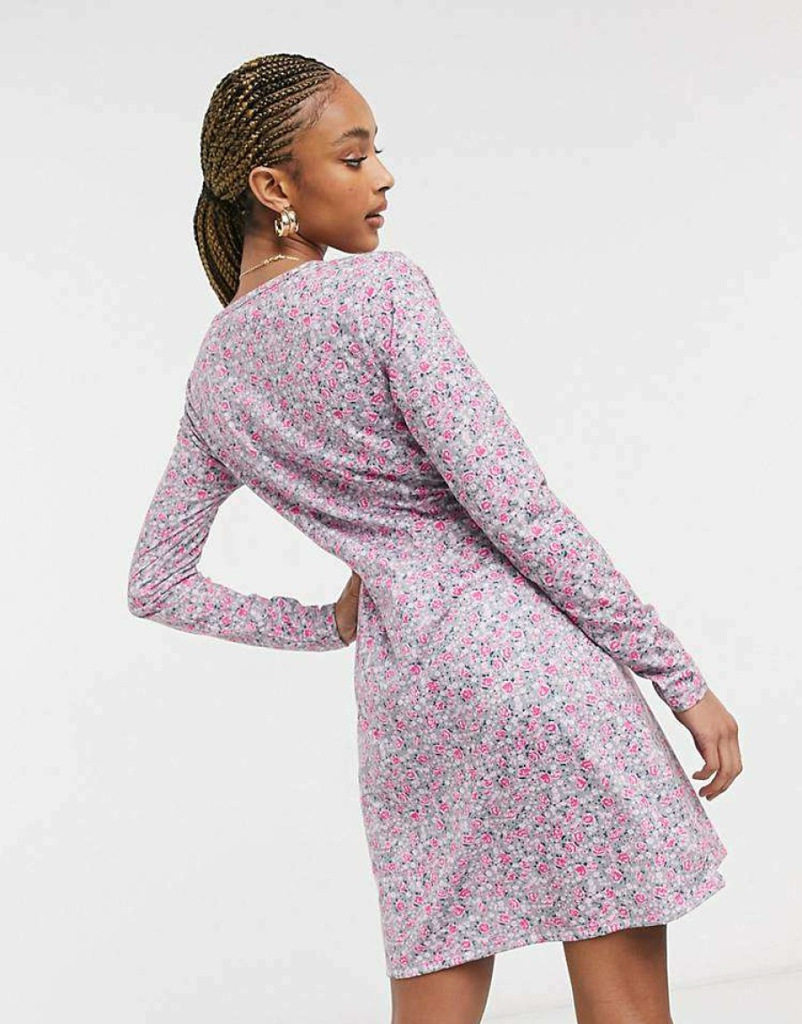 Dresses * | Wednesday'S Girl Long Sleeve Mini Dress In Vintage Floral For Women Purple Floral