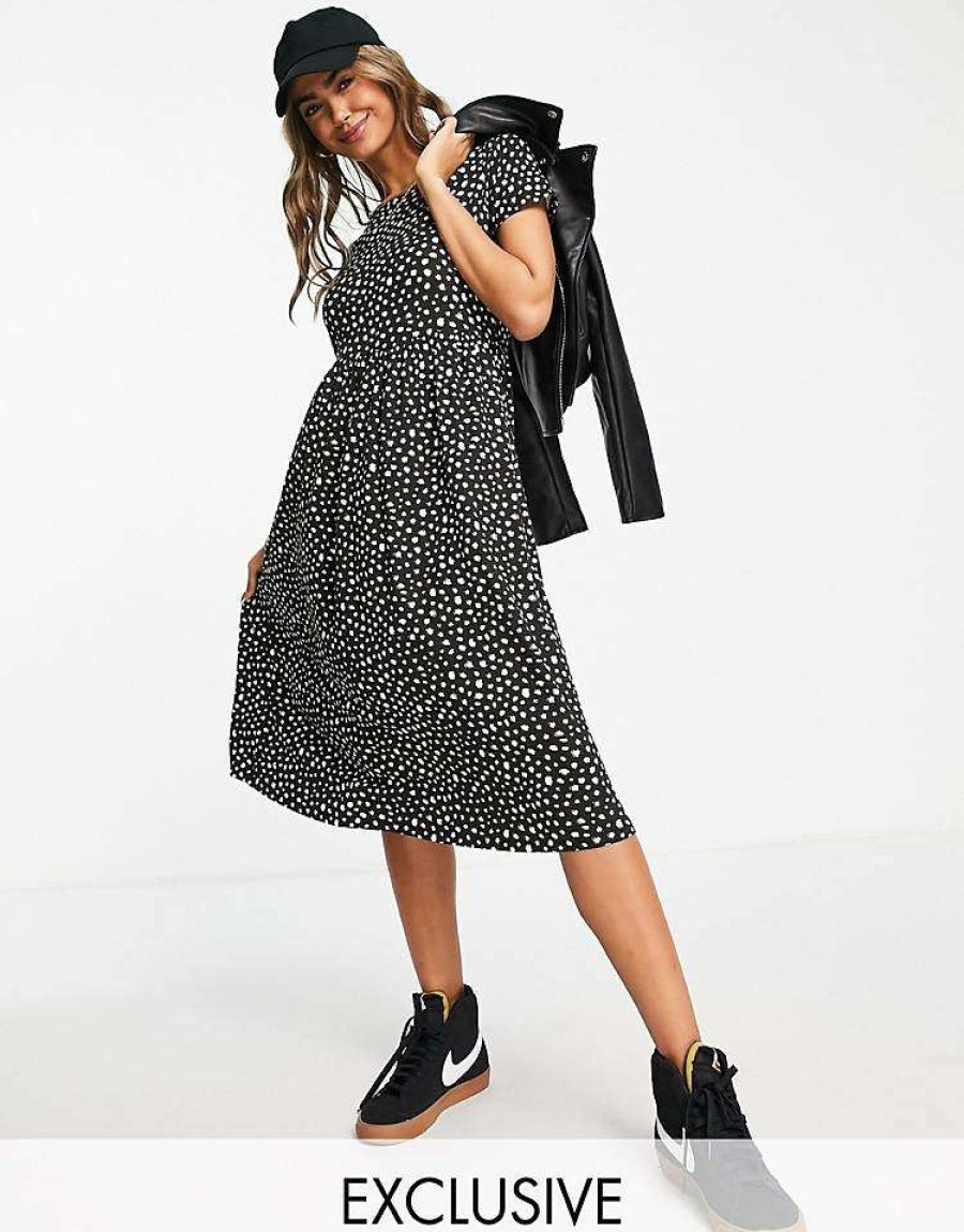 Dresses * | Wednesday'S Girl Midi Smock Dress In Smudge Spot Print For Women Black Smudge Spot