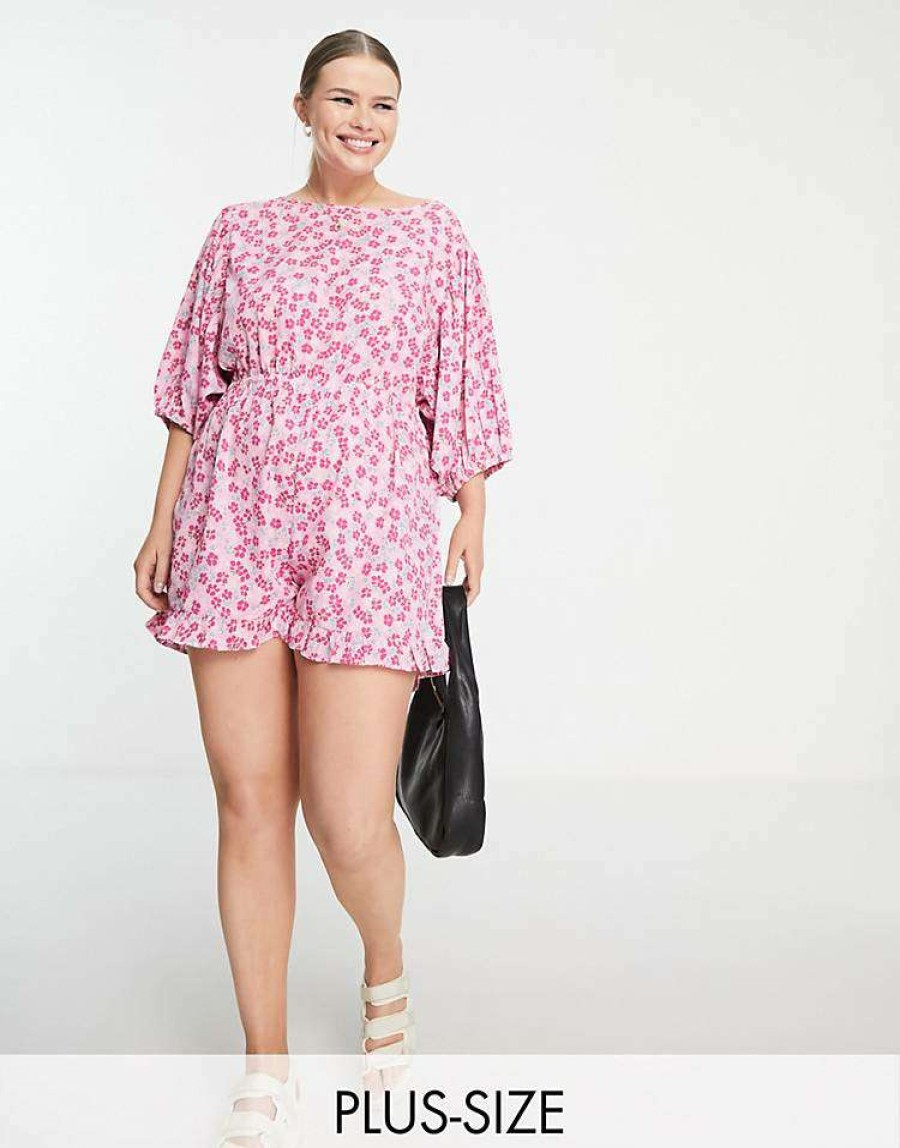 All In Ones * | Wednesday'S Girl Curve Tie Back Flippy Hem Playsuit In Spring Pink Floral For Women Pink Spring Floral