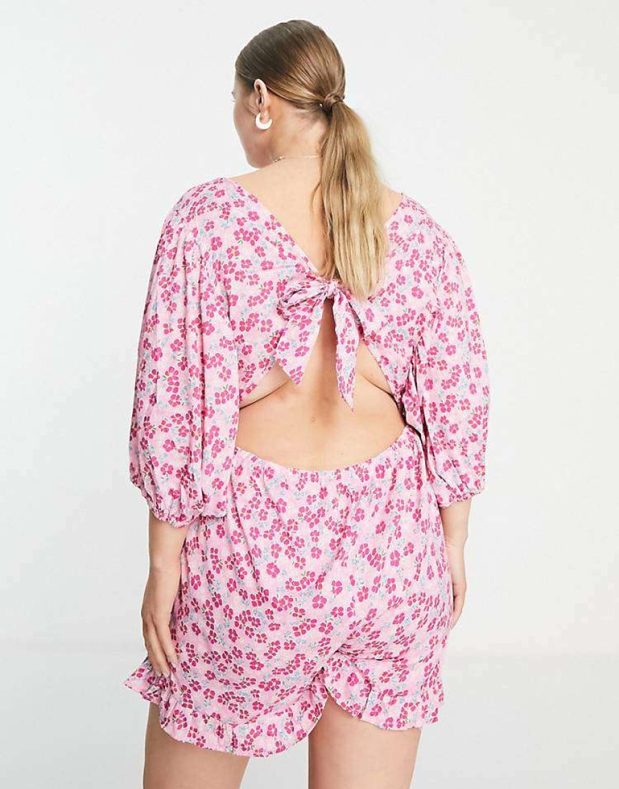 All In Ones * | Wednesday'S Girl Curve Tie Back Flippy Hem Playsuit In Spring Pink Floral For Women Pink Spring Floral