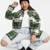 Tops * | Wednesday'S Girl Curve Oversized Shacket In Vintage Check For Women Green White Check