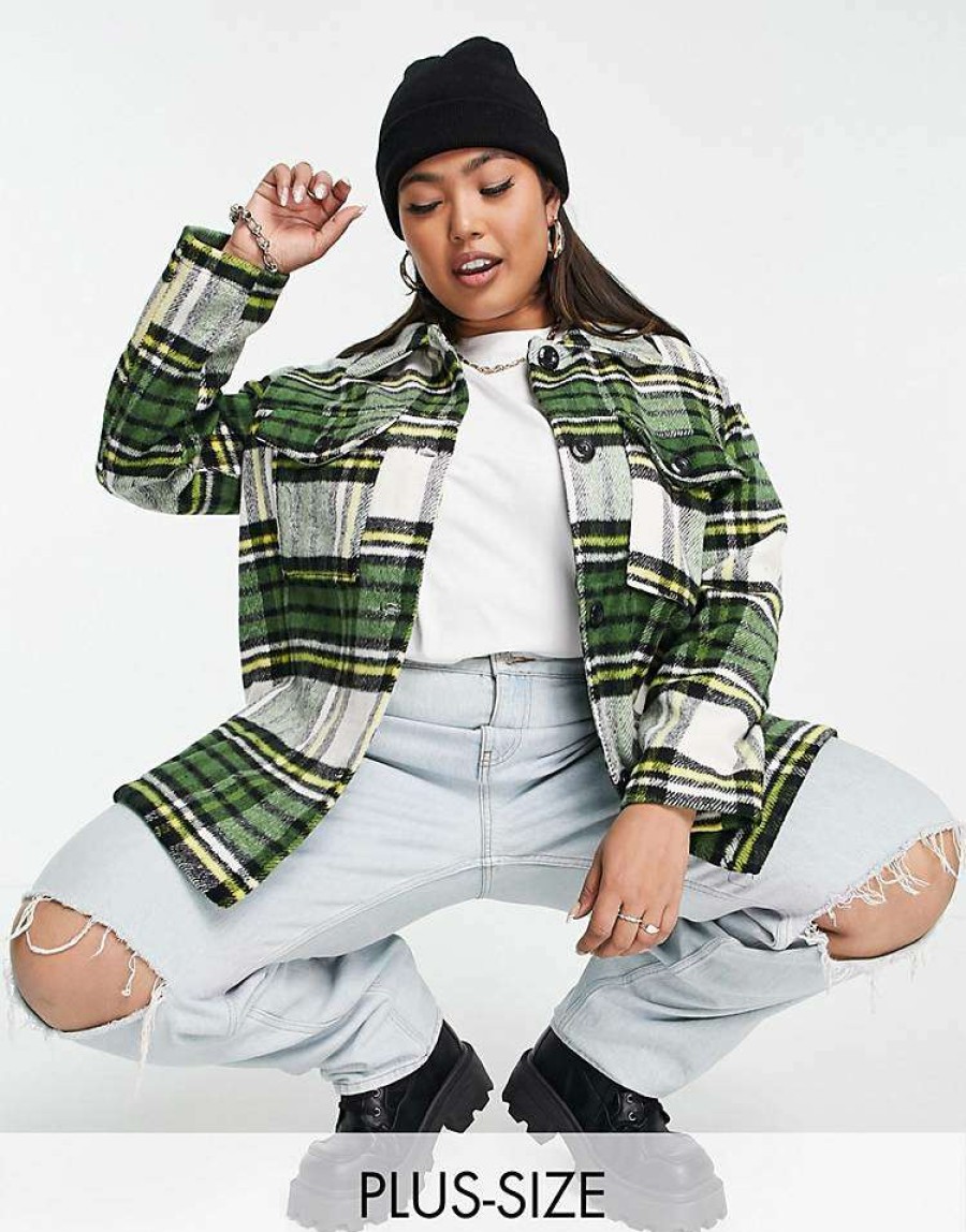 Tops * | Wednesday'S Girl Curve Oversized Shacket In Vintage Check For Women Green White Check