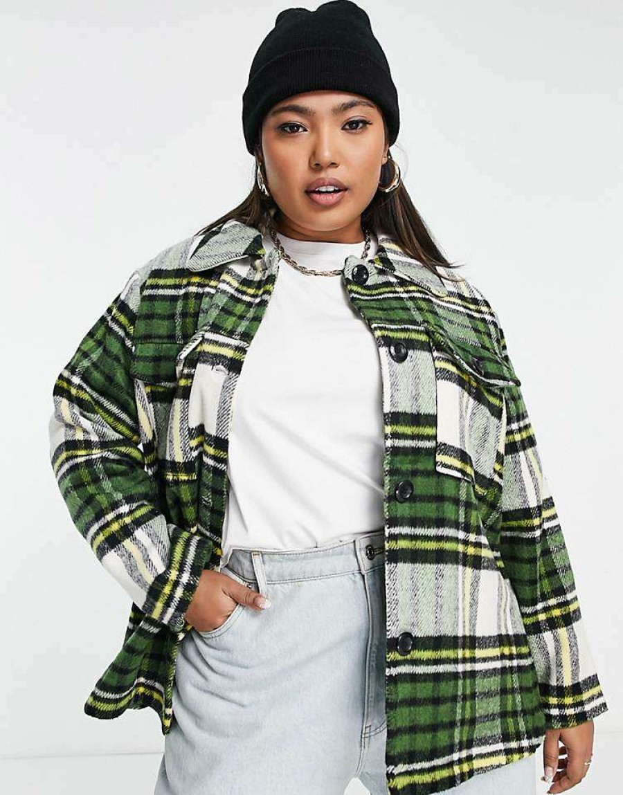 Tops * | Wednesday'S Girl Curve Oversized Shacket In Vintage Check For Women Green White Check