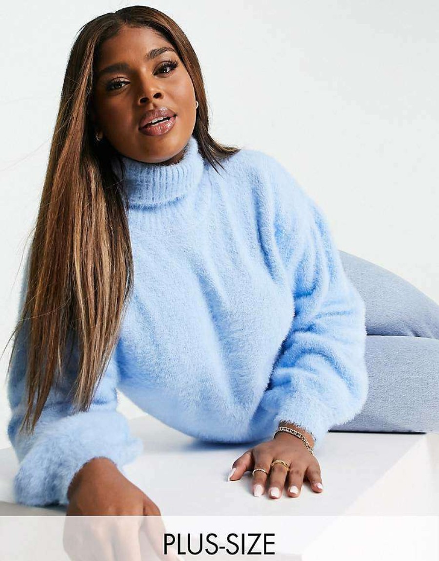 Knitwear & Sweats * | Wednesday'S Girl Curve Ultimate Relaxed Jumper With High Neck For Women Light Blue