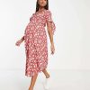 Dresses * | Wednesday'S Girl Maternity V-Neck Midi Tea Dress In For Women Red Floral