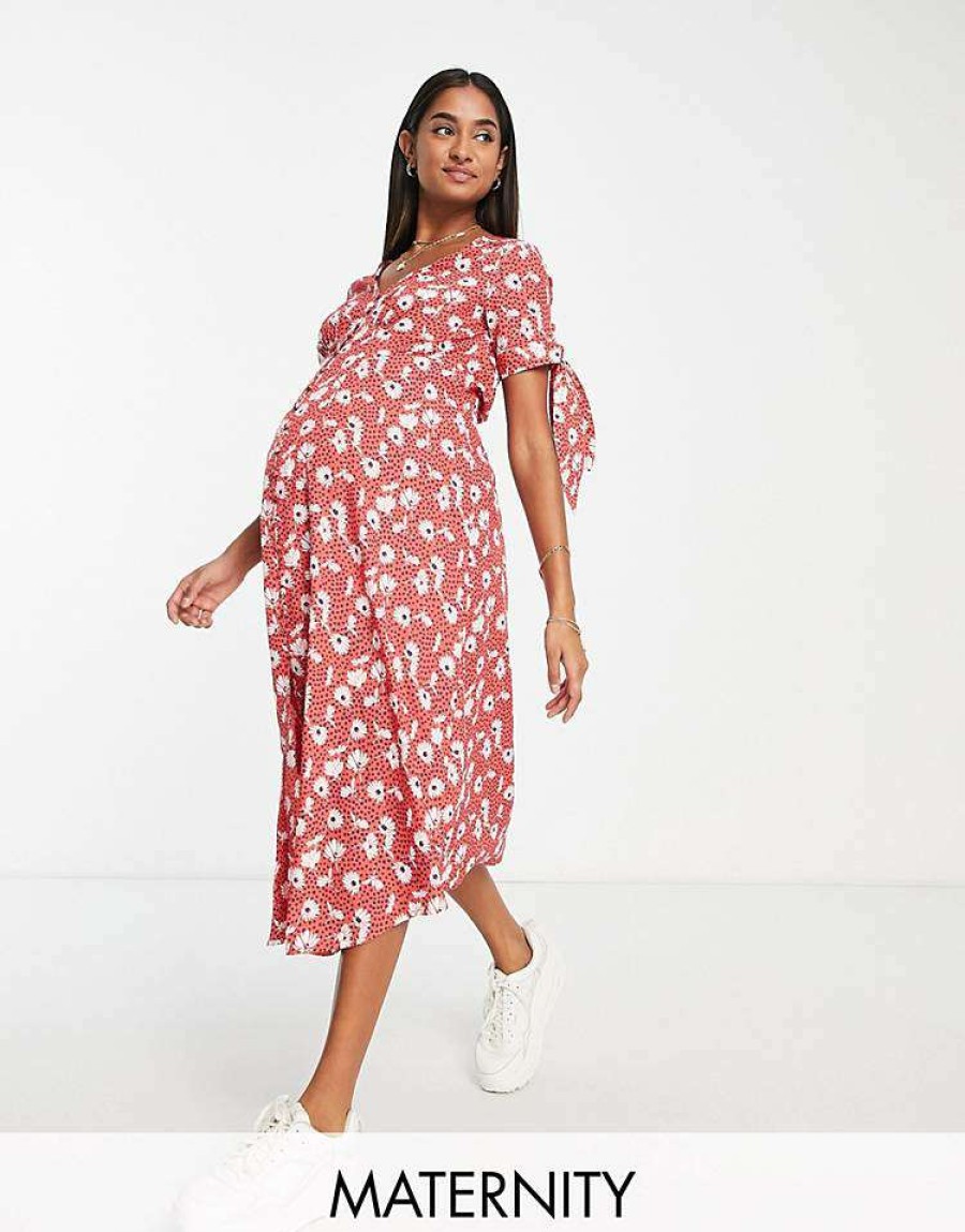 Dresses * | Wednesday'S Girl Maternity V-Neck Midi Tea Dress In For Women Red Floral