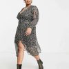 Dresses * | Wednesday'S Girl Curve V-Neck Midi Tea Dress In Dark Ditsy Floral For Women Black Ditsy